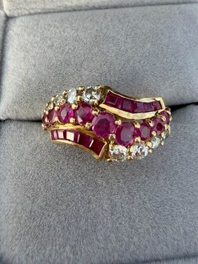 Gold Ruby and Diamond Wave Ring - Red Gemstone Band